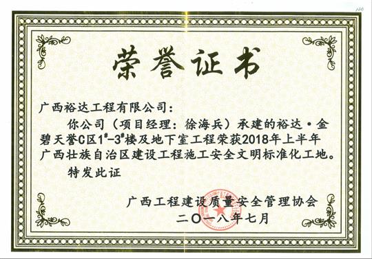 2018年上半年广西壮族自治区建设球王会电竞官方官网,球王会（中国）
施工安全文明标准化工地